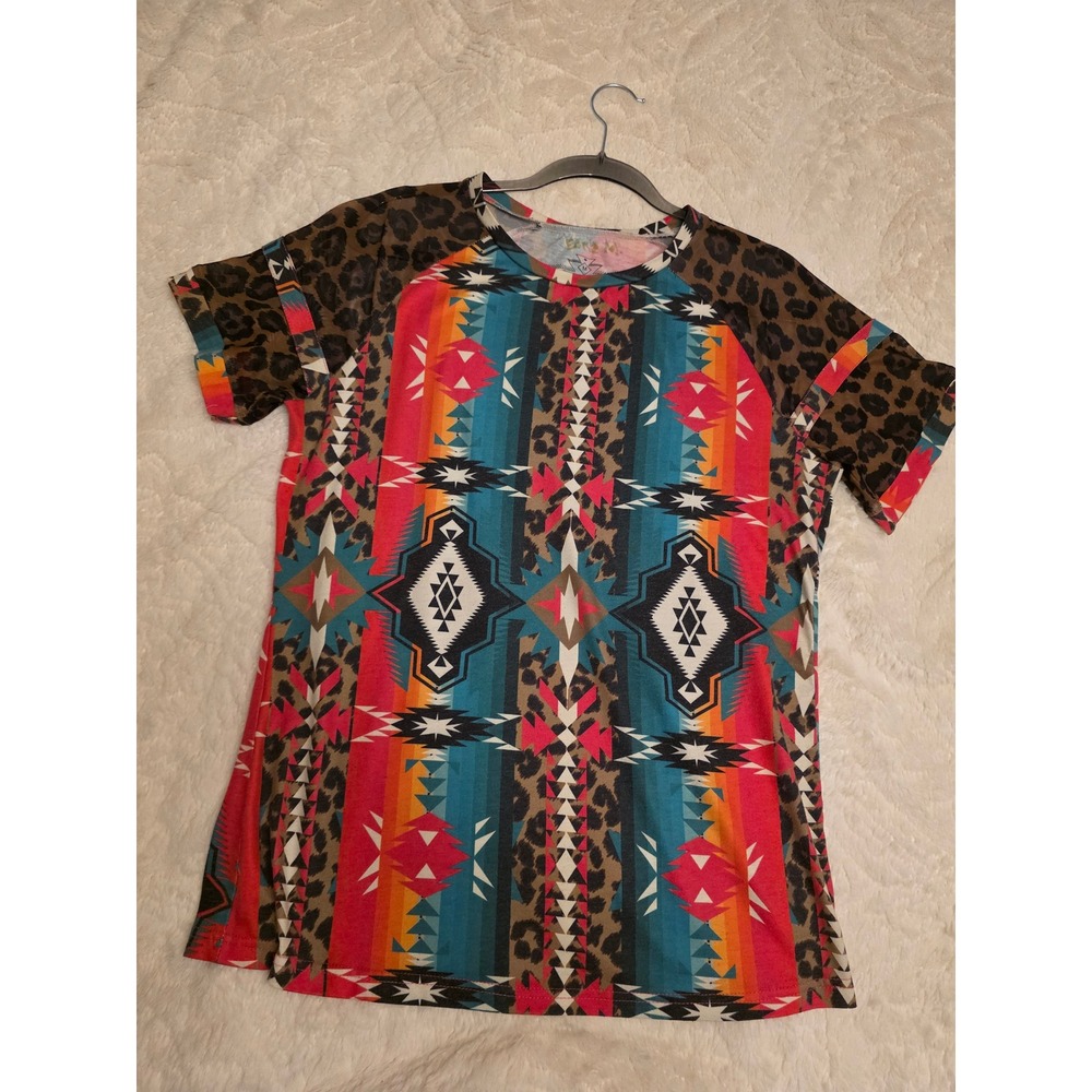 Crazy Train Womens Southwestern Aztec Leopard Print Raglan T-Shirt Medium Multi